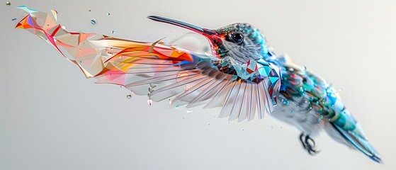 whimsical robotic hummingbird hovering gracefully in mid-air against a backdrop of pure white