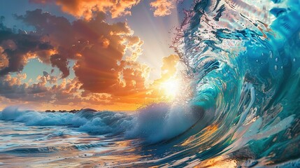 Colorful ocean wave. Crest-shaped seawater. Sunset light and beautiful clouds in the background