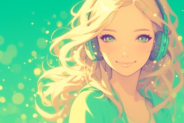 A girl with headphones, cute anime style portrait
