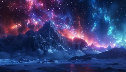Night view of snowy mountains with
beautiful pink aurora lights hitting the river. The sky is clear and you can see the stars. generative ai - obrazy, fototapety, plakaty