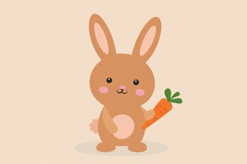 Cheerful cartoon rabbit with carrot celebrating Easter on a beige background with happy easter text
