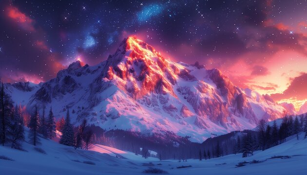 Landscape image of light hitting the mountains See the aurora and stars in the sky. generative ai
