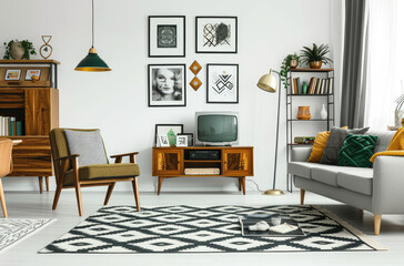 Obraz premium Photo of a modern living room with midcentury furniture, white walls adorned in the style of black and grey framed art prints on the wall above the sofa, a vintage wooden cabinet near the TV setup