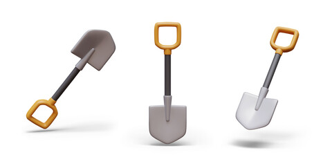 Set of realistic shovels in different positions. Vector tool for digging soil