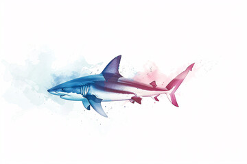 Colorful artistic rendition of a great white shark in a dynamic pose with watercolor splashes