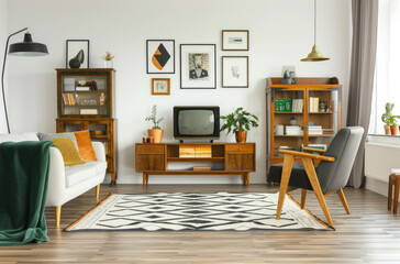 Photo of a modern living room with midcentury furniture, white walls adorned in the style of black and grey framed art prints on the wall above the sofa, a vintage wooden cabinet near the TV setup