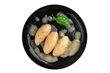 quenelles pork mushroom sauce canned food jar put food on a plate eating cooking appetizer meal food snack on the table copy space food background