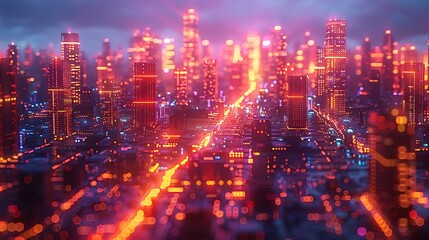 Fototapeta premium A panoramic view of a motherboard reenvisioned as a neon-lit city at night, where each LED and circuit trace mimics the lively streets of a modern metropolis.