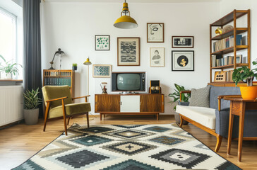 Obraz premium Photo of a modern living room with midcentury furniture, white walls adorned in the style of black and grey framed art prints on the wall above the sofa, a vintage wooden cabinet near the TV setup