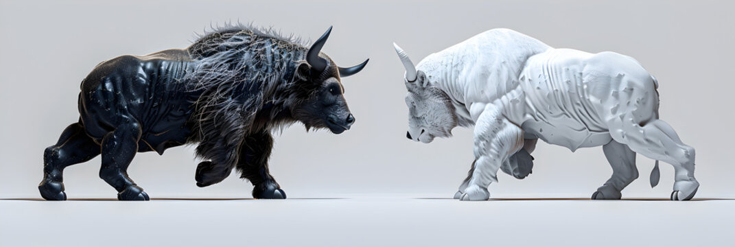    A white and black Bull Vs bearish the Battle of the Stock Market on white transparent background, The concept of a faceoff between the bull and bearish market  
