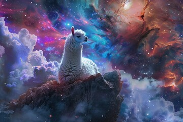 Cosmic Alpaca: Adorable Kawaii Astronaut Exploring Outer Space - obrazy, fototapety, plakaty