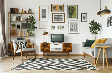 Photo of a modern living room with midcentury furniture, white walls adorned in the style of black and grey framed art prints on the wall above the sofa, a vintage wooden cabinet near the TV setup