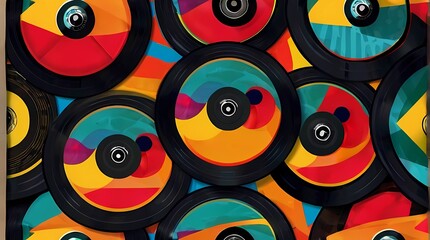 Bright colored background with floppy disks, vinyl discs, cassettes. Retro collage with objects from the 90s, 80s