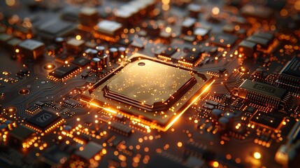 A panoramic view of a motherboard's landscape, focusing specifically on the areas where gold-plated connectors and silicon chips meet.