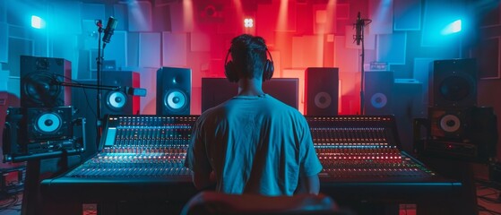 In the Soundproof Room of a Music Record Studio, the Producer, Audio Engineer records a song from a new album at a Control Desk. The back view shows the musician, artist, performer singing the song - obrazy, fototapety, plakaty
