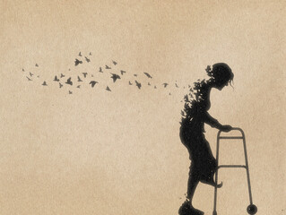 Old woman with walker. Death and afterlife. Flying birds silhouette