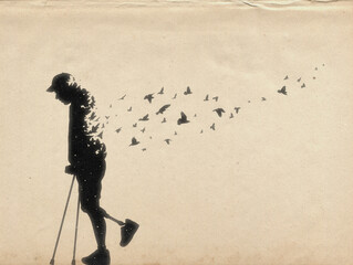 Disabled man on crutches. Death and afterlife. Flying bird silhouette