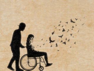 Disabled woman in wheelchair. Loving couple outline. Death, afterlife