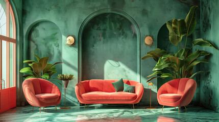 Modern coral sofas in green vintage interior with plants. Sunlit retro living room with velvet furniture and tropical foliage