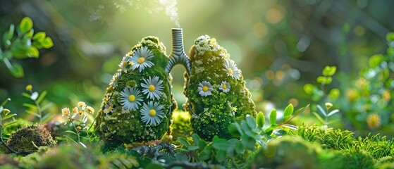 On the occasion of World Asthma Day, healthy lungs full of verdant foliage, moss, and flowers. - obrazy, fototapety, plakaty