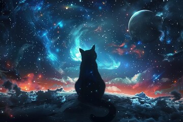 Space Cat Adventure: Kawaii Astronaut Exploring Outer Space - obrazy, fototapety, plakaty
