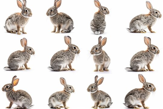 Photograph of rabbits in various poses on white background