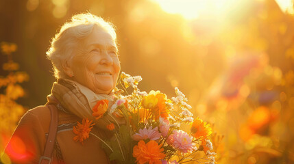 An elderly woman stands holding a bouquet of colorful flowers in her hands