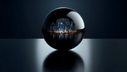 Concept of business success, a large glossy black sphere reflecting a vibrant city skyline, symbolizing the influence and impact of successful enterprises in a sleek and sophisticated setting.