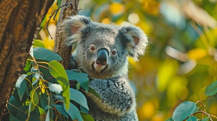 Obraz premium Koala bears sit on tree branches and munch on leaves.
