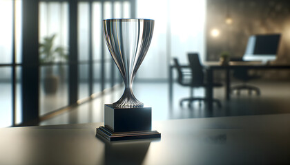 Concept of business success, a glass trophy symbolizing achievement and recognition. - obrazy, fototapety, plakaty