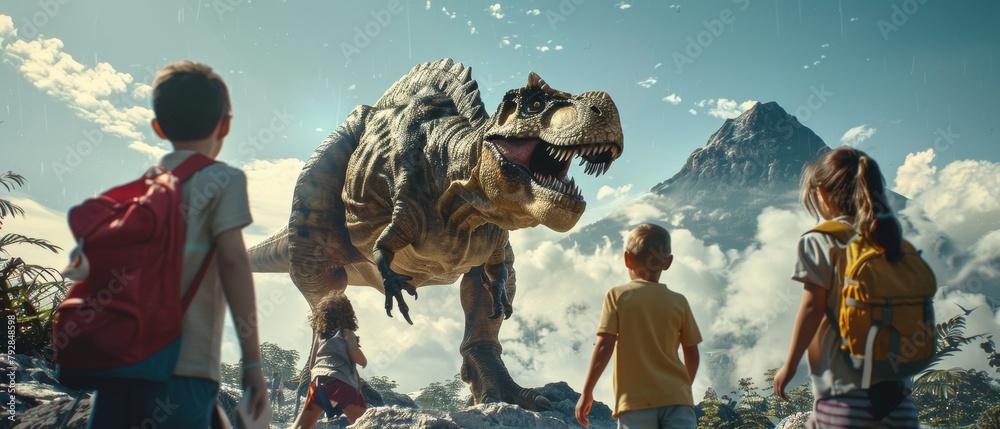 Poster an educational 3d animation of a dinosaur on an island with an active volcano on a tablet computer w