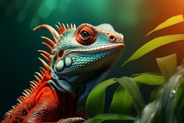 Fototapeta premium Green iguana portrait close up on dark green background. Studio shot.