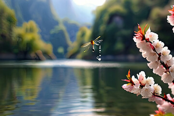 Experience the beauty of cherry blossoms by a mountain lake. A koi fish observes a dragonfly on a blossom in a serene bokeh setting.