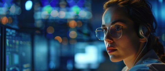 A confident female data scientist works in a control room monitoring large infrastructure using a headset on a personal computer. An engineer works with network logic in an office setting with - obrazy, fototapety, plakaty