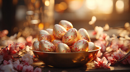 Seasonal Easter Eggs In Colorful Bowl With Candles and Flowers On The Table Blurry background