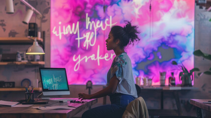 A woman sitting at a desk, focused on a computer screen in front of her, working diligently