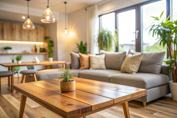 Living room with a couch and a table, blurred background, interior background.