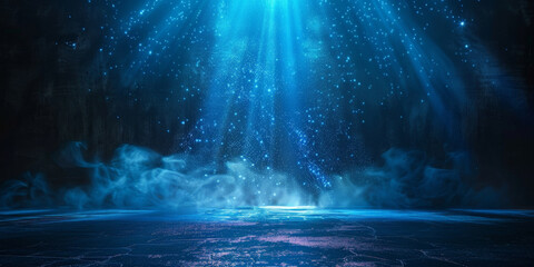 Free stage with lights and smoke, Empty stage with blue spotlights, conser, show, party, Presentation concept. dark navy blue spotlight strike on black background. banner design	
