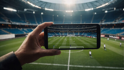 Fototapeta premium Hand holding a smartphone displaying a soccer ball with spark effects at a stadium.