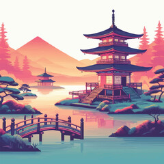 free vector Gradient japanese temple with lake