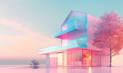 Object house in pastel colors with transparent glass walls