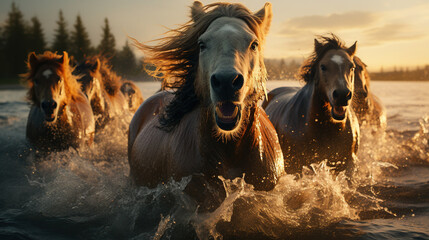 Galloping Horses Running in a River Splashes Water