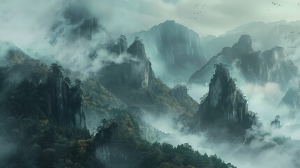 This is a picture of a misty mountain landscape with mist and traces of the sunset. - obrazy, fototapety, plakaty