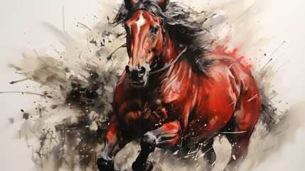 Watercolor Oil Painting Masterpiece of Beautiful Brown Horse Colorful Background
