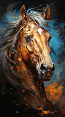 Horse Portrait of Liquid Oil Painting in Golden Metalic and Cyan Colors