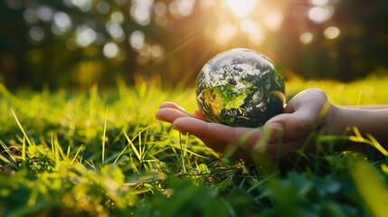 Hand holding earth on green grass, ESG, Environement care