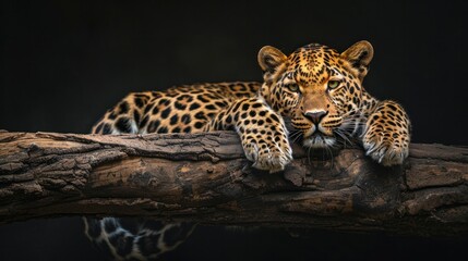 Leopard resting on a log against a black background - Powered by Adobe