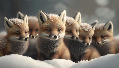 A Small Group of Tiny and Cute Foxes Playing In The Snow Winter Background