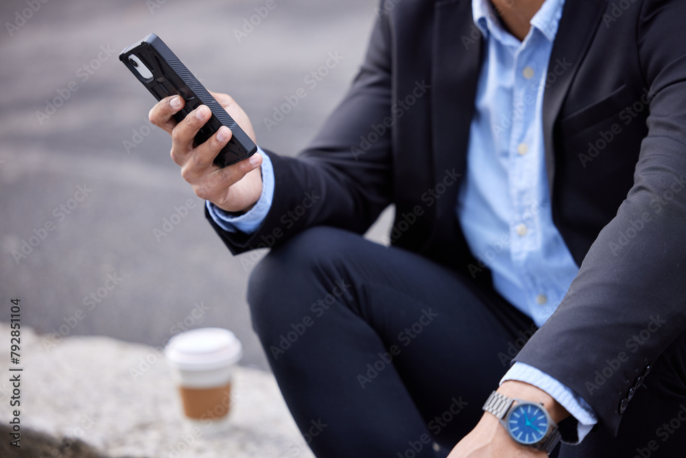 Poster online, businessman and hands with phone on coffee break to scroll news of stocks or chat. professio