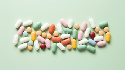 Array of multivitamin tablets arranged neatly on a pastel green background, dietary supplements concept